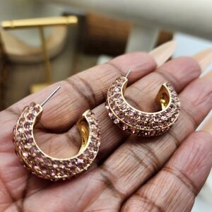 Huggie Hoops! Stunning Pink Rhinestone Encrusted Goldtone Pierced Earrings